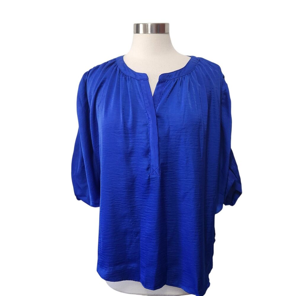 Jennifer Lopez Top Womens LARGE Blue Pullover Dolman Sleeve Hidden Button V-Neck